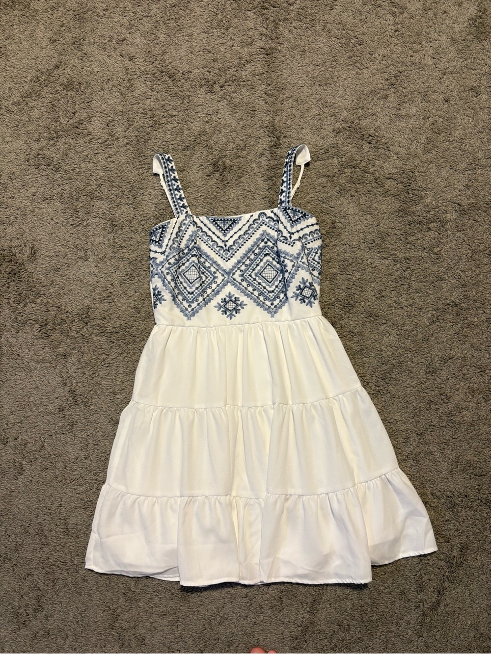 Francesca's Collections White Mini Dress with Blue Embroidered Bodice